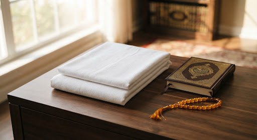 Ihram garments, Quran, and prayer beads prepared for travel
