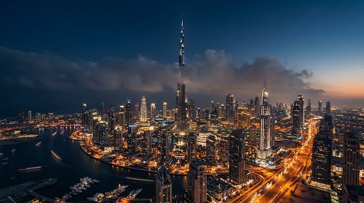 Dubai skyline at twilight with the Burj Khalifa