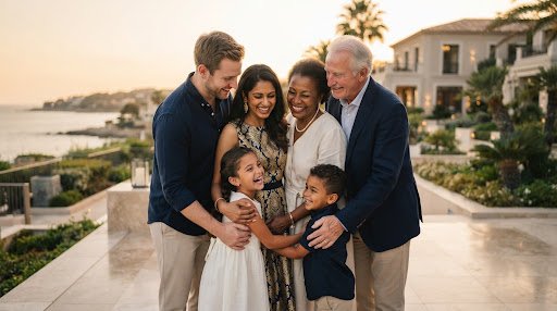 Multigenerational family embracing outdoors at golden hour